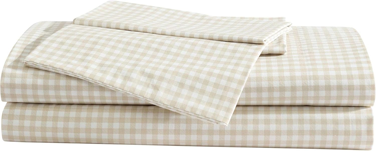 Eddie Bauer - Sheet Set, Cotton Percale Bedding with Matching Pillowcase, Crisp & Breathable, 200-Thread Count, Classic Comfort Essentials (Little Gingham Beige, King) Beige King