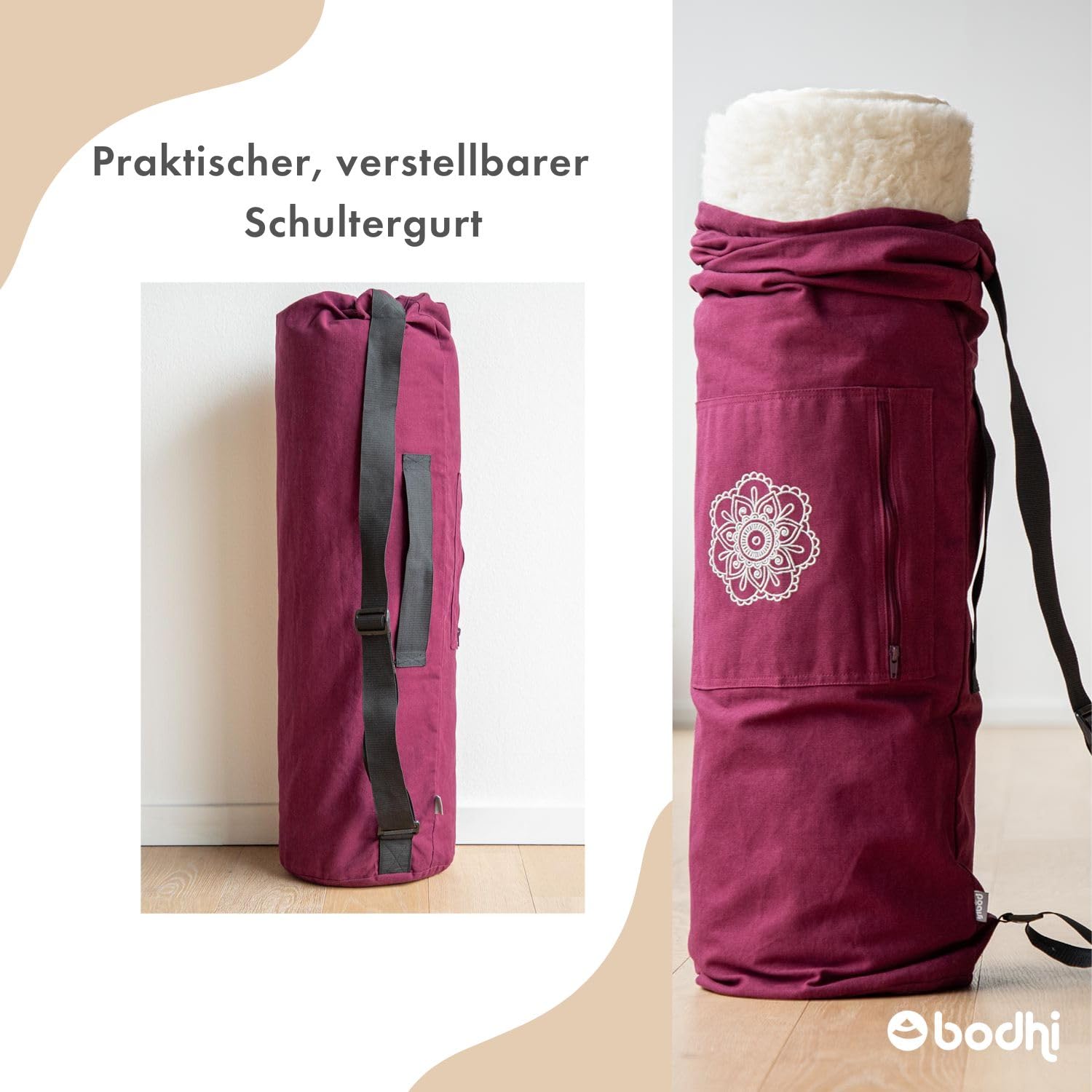 Bodhi SURYA BAG COTTON | Yogatasche groß für Schurwollmatten & Yogamatten | Tasche aus 100% Baumwolle im XL-Format | Sporttasche mit Mandala Design | aubergine