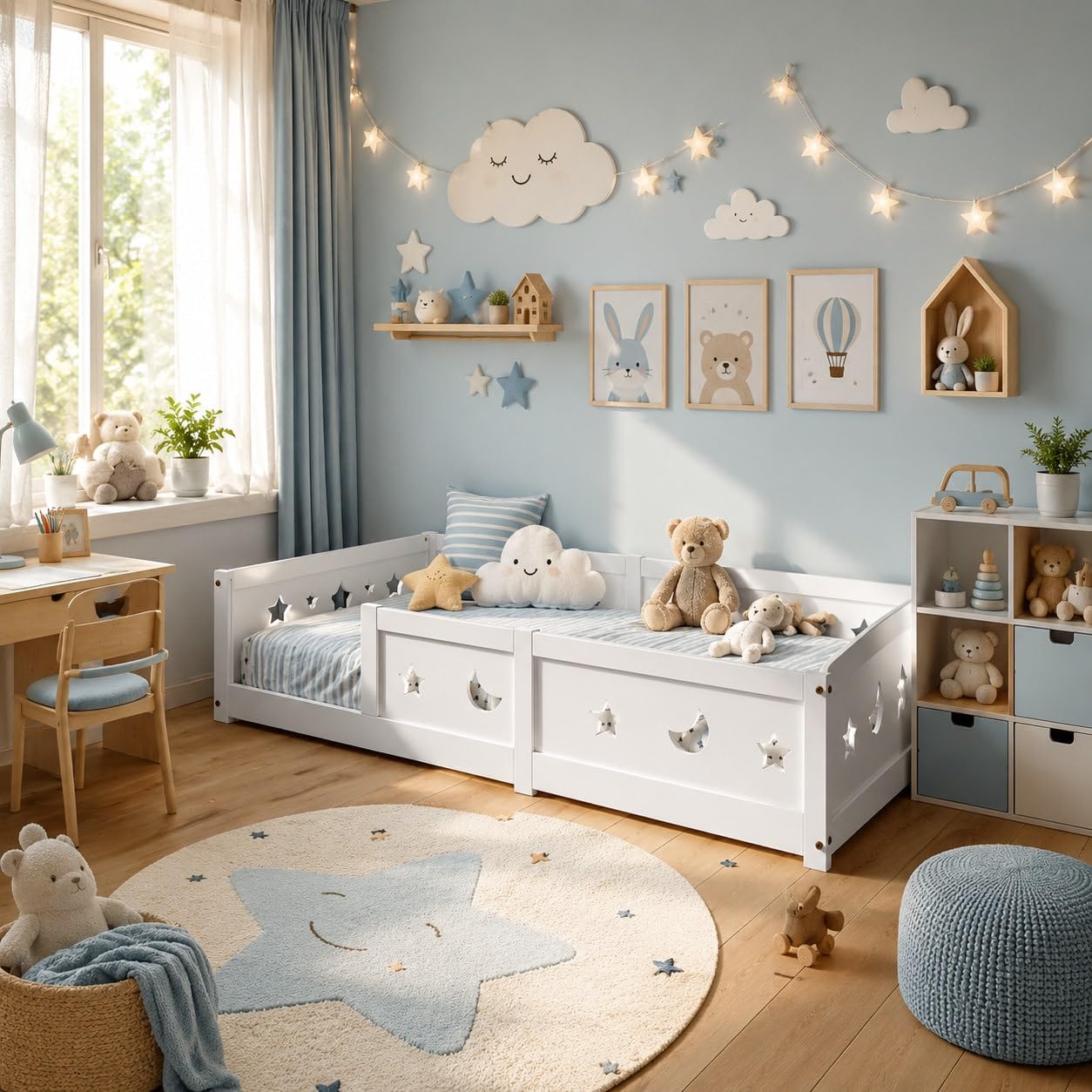 BestAlice Montessori - Lettino da pavimento 90 x 200 cm, con protezione anti-caduta e rete a doghe, letto singolo, in legno di pino massiccio, per bambini, senza materasso, colore: bianco