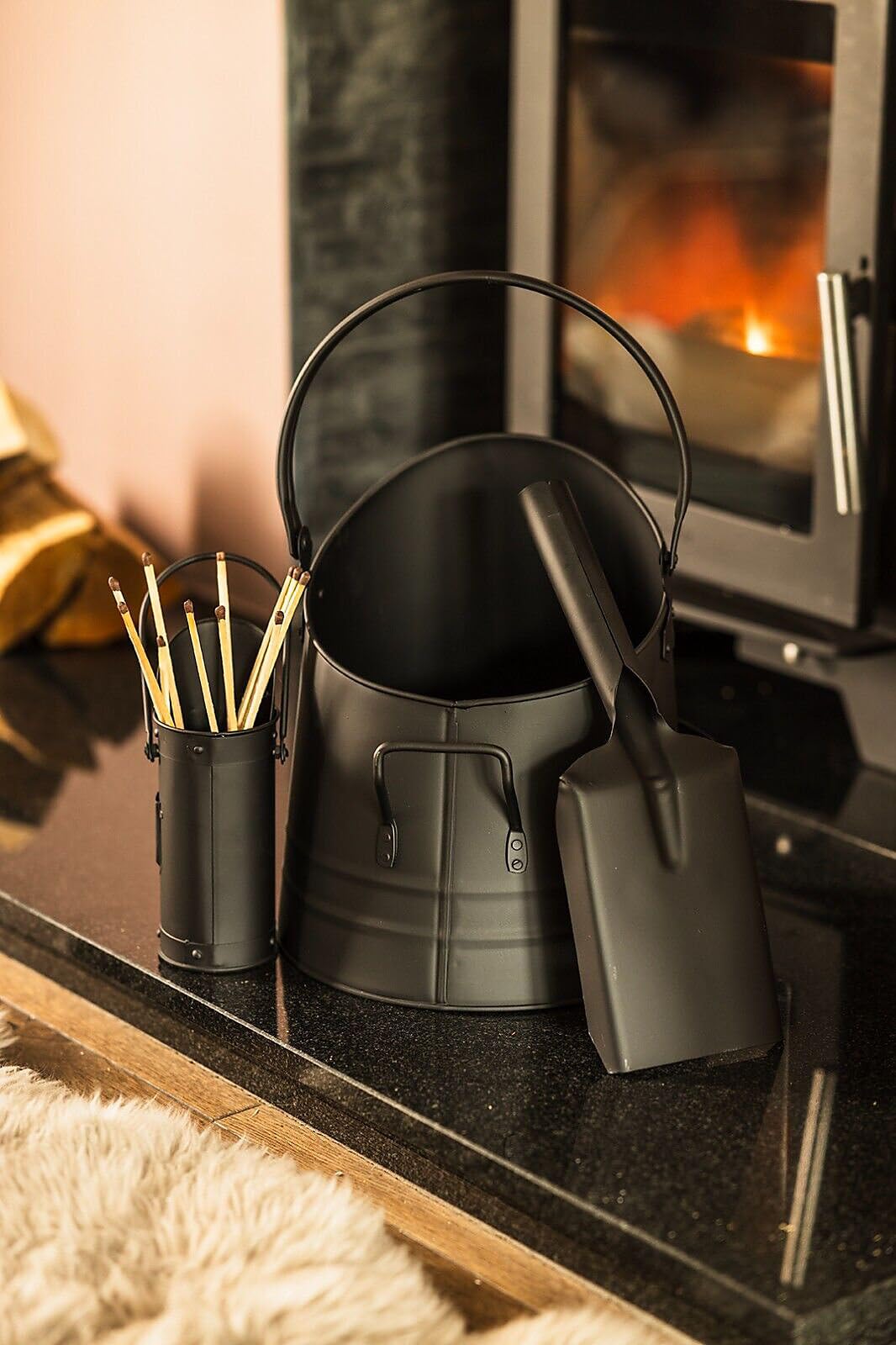 Marco Paul Heavy Duty Fireplace Companion Set with Bucket Shovel and Coal Scuttle Metal Fireside Tool Set Log Burner Accessories for Home Fireplace Décor