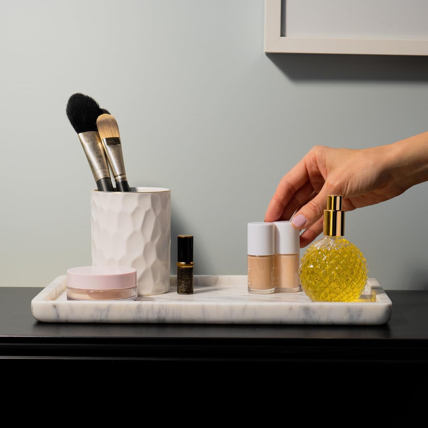 Cork & Mill Marble Tray for Bathroom Countertop, Kitchen Counter, or Catchall - 13" x 7½" Large Vanity Tray for Skincare or Perfume - Handcrafted Natural White Marble Stone Organizer - Image 5