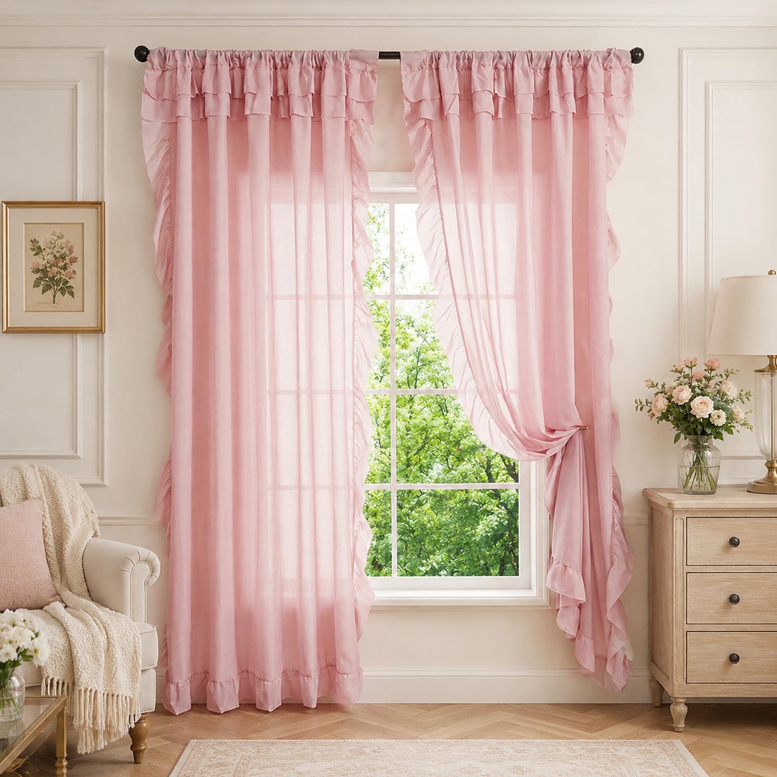 SSWH Voile Curtain, Rod Pocket Sheer Curtains for Bedroom, Ruffle Solid Color Voile Net Curtains for Windows Living Room(Size:100x200cm/W 39" x L 79" (2 Panels),Color:Pink)
