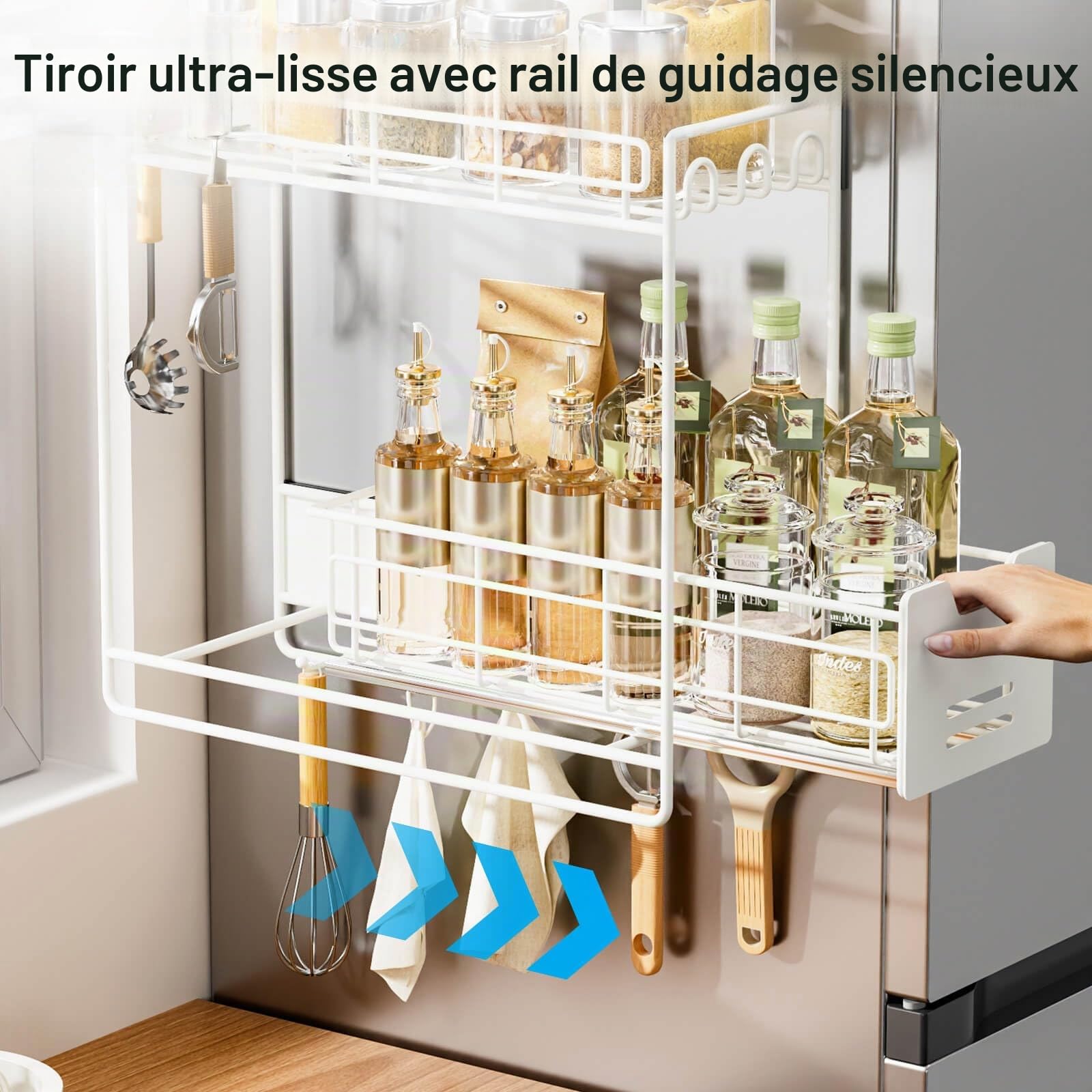 Étagère de rangement magnétique à épices pour réfrigérateur, organiseur de réfrigérateur blanc avec couches coulissantes, étagère magnétique mobile en métal, double étagère magnétique avec 5 crochets