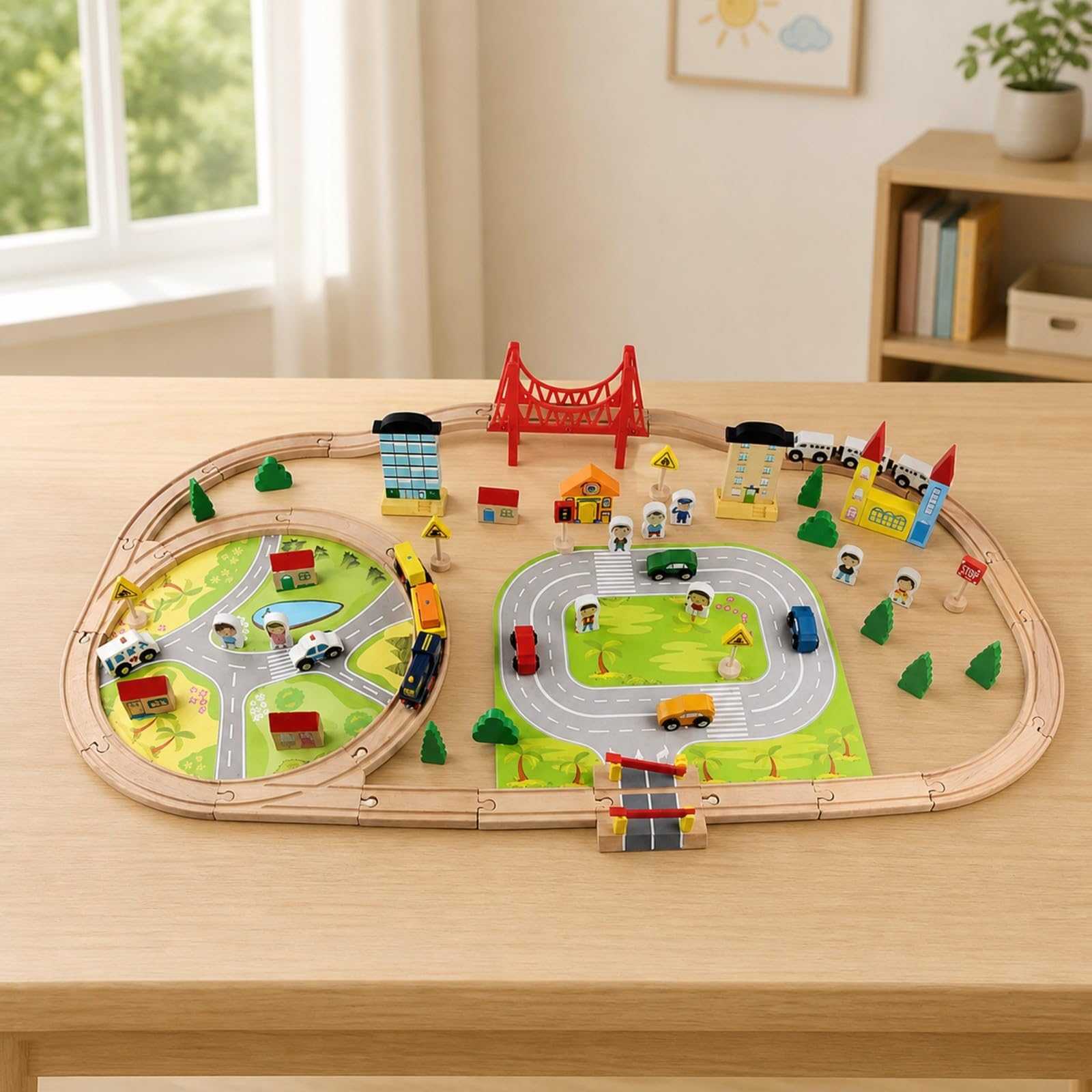 predolo Jeu Train Miniature Coloré Assemblage Facile, Circuit Train en Bois, Circuit Bâtiments, pour Chambre d'enfant, Enfants