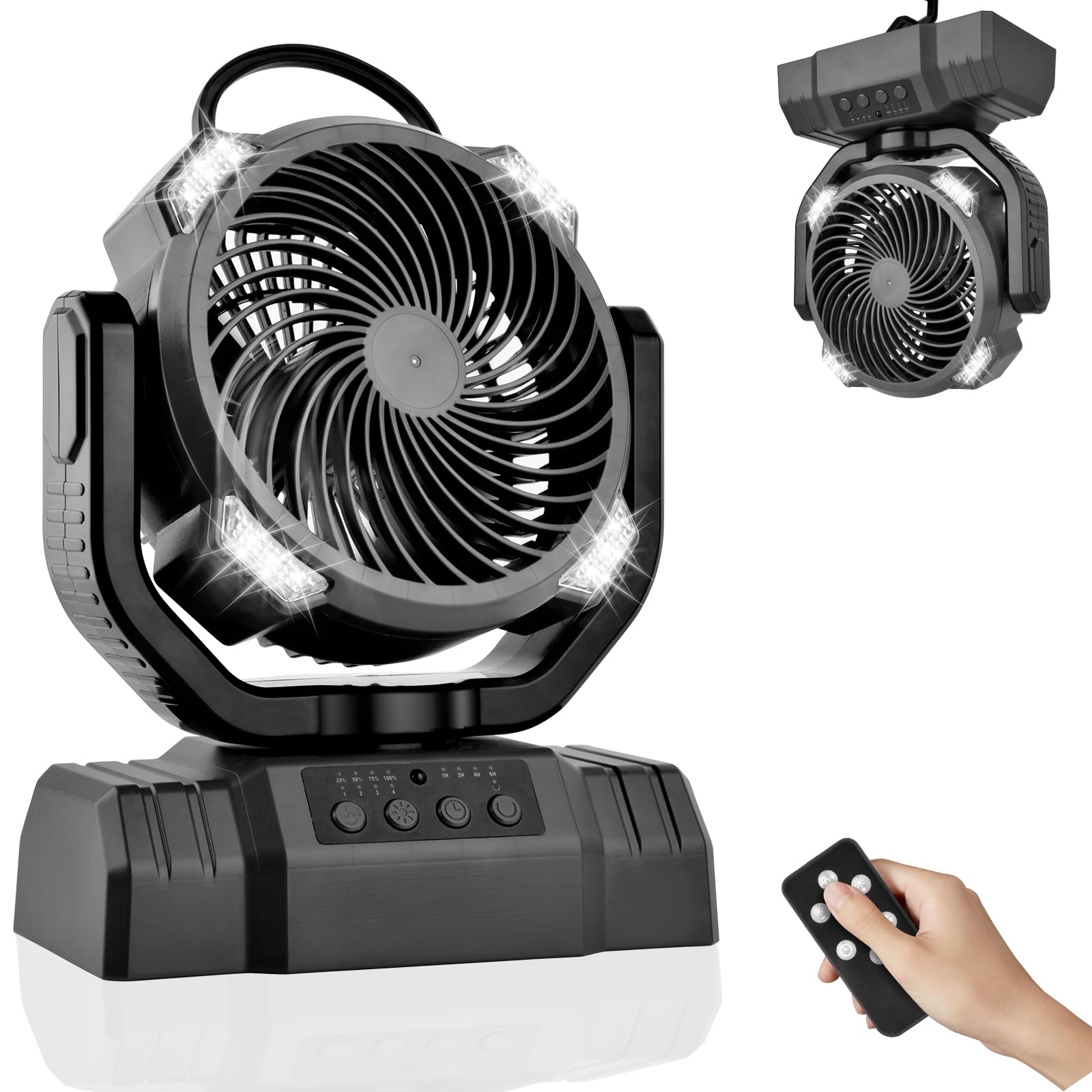 Timiyou Ventilatore da campeggio, 10000 mAh, molto silenzioso con luce, telecomando, power bank, 4 velocità, gancio, timer, ventilatore USB per esterni, campeggio, picnic, barbecue, pesca, ufficio