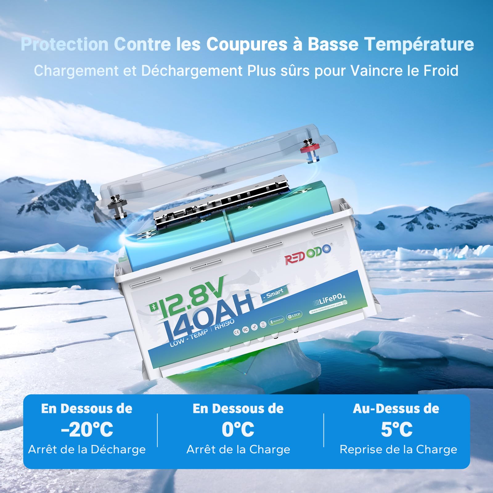 Redodo 12V 140Ah H190 Bluetooth Batterie Lithium,Batterie LiFePO4 avec Protection Low-Temp,BMS Smart 150A,15000 Cycles Profondes Parfait pour Sièges de Camping-Cars de Hauteur 189MM Caravane Fourgon