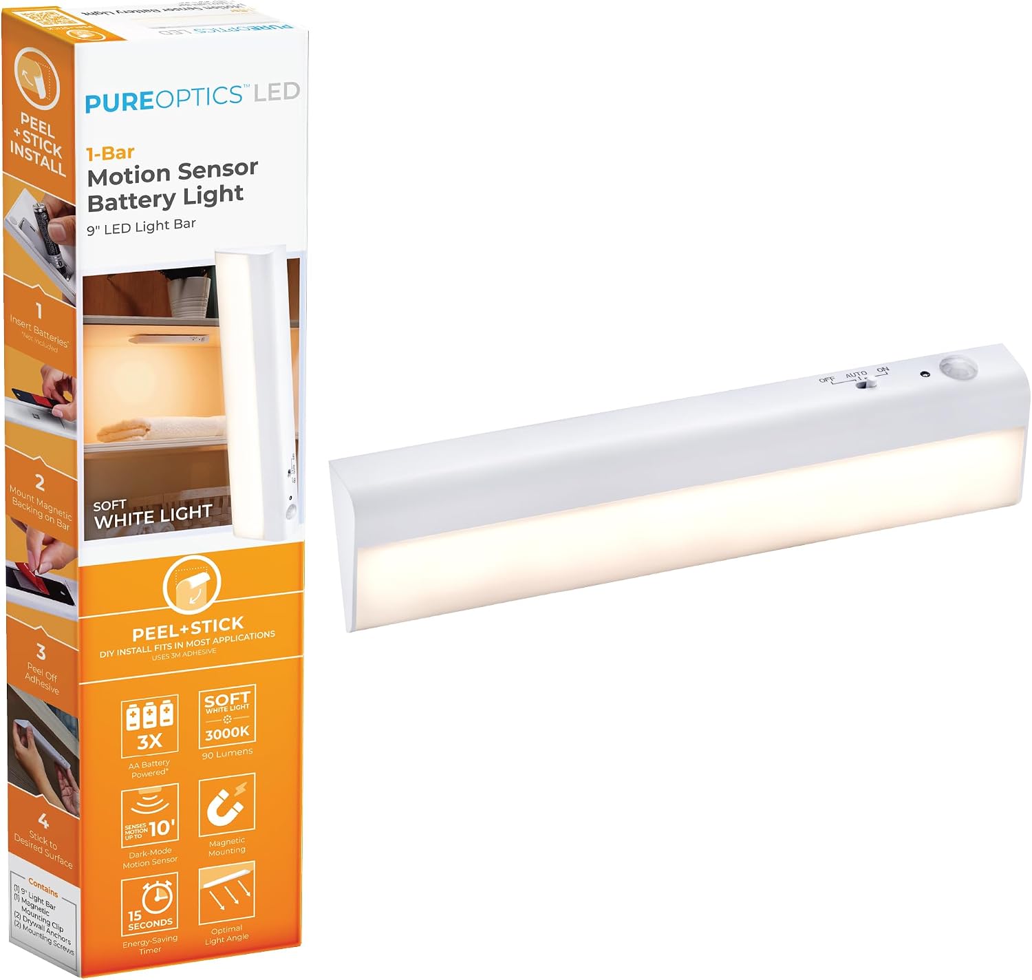 PureOptics LED Battery Operated Under Cabinet Lighting, Motion Sensor On/Off, Warm White LED, Stick-On Install for Kitchen & Closets - 1 Bar