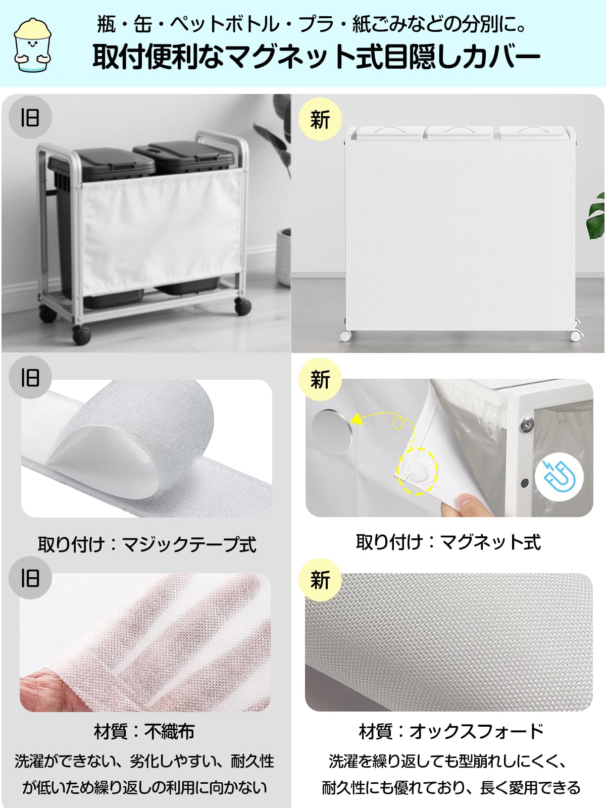 TTWO ゴミ袋ホルダー 3分別×45L 平袋・U型袋両対応 ダストワゴン ゴミ箱 マグネット式目隠しカバー ふた付き 高さ調整 10L~55Lゴミ袋対応 ゴミ箱ホルダー スタンド ポリ袋ラック レジ袋スタンド リサイクルスタンド ゴミ捨て簡単 エコ スリム キッチン 台所 リビング オフィス キャスター/アジャスター付き (White) - 4