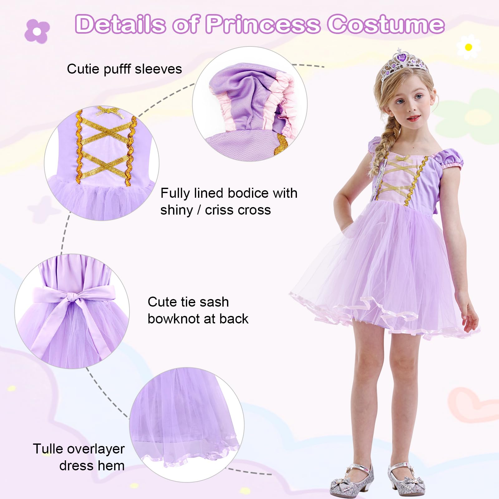 Berich Princess Purple Dress with 3PCS Princess Costumes for Girls Halloween Outfit Christmas Gifts World Book Day Costumes for Girls Dress 5-6 Years(Purple,140) - Image 2