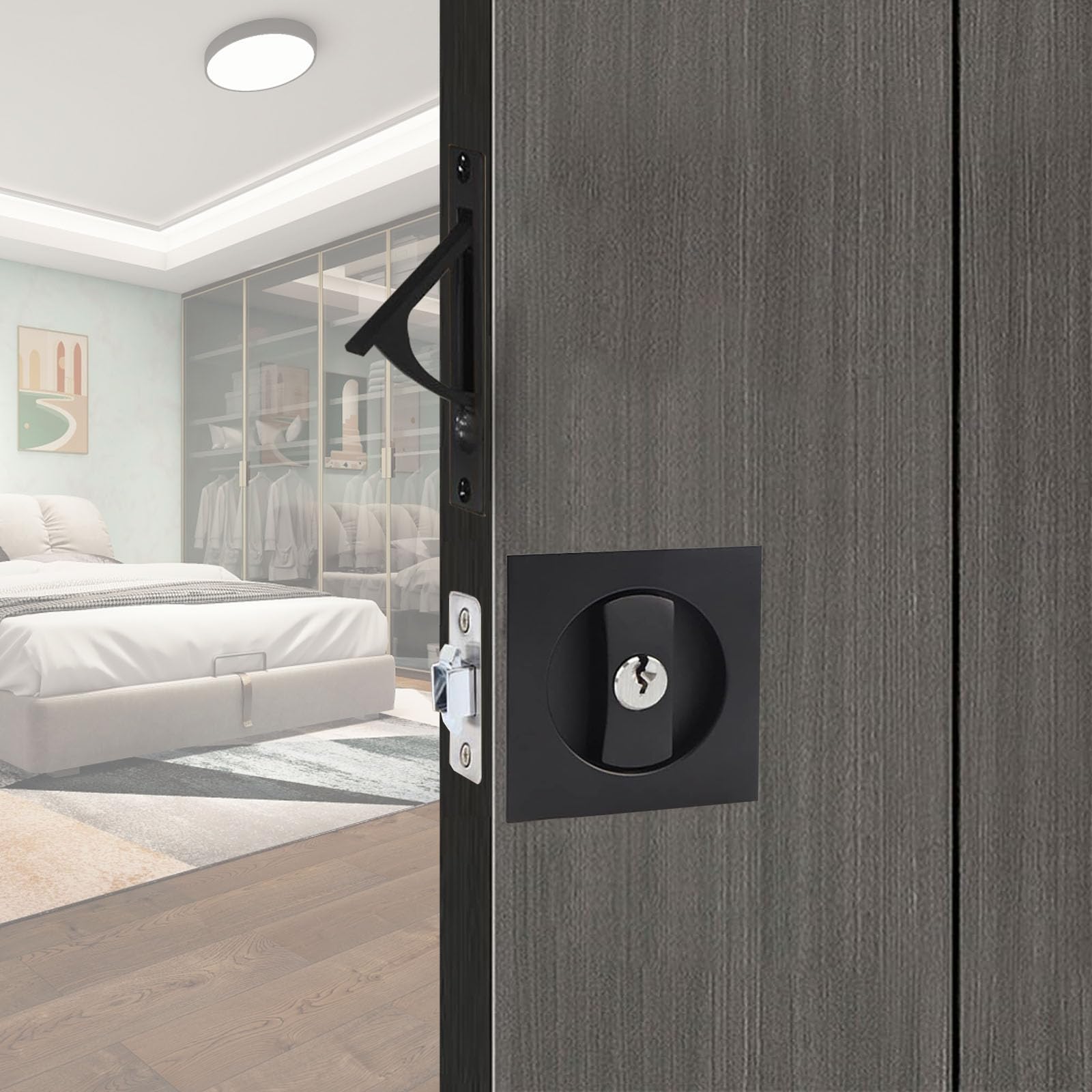 betensh Square Sliding Door Lock Invisible Recessed 2 Sided Door Lock Mortise Keyed Pocket Door Lock with Edge Pull Privacy Pocket Door Handle 66 mm Black — image 1