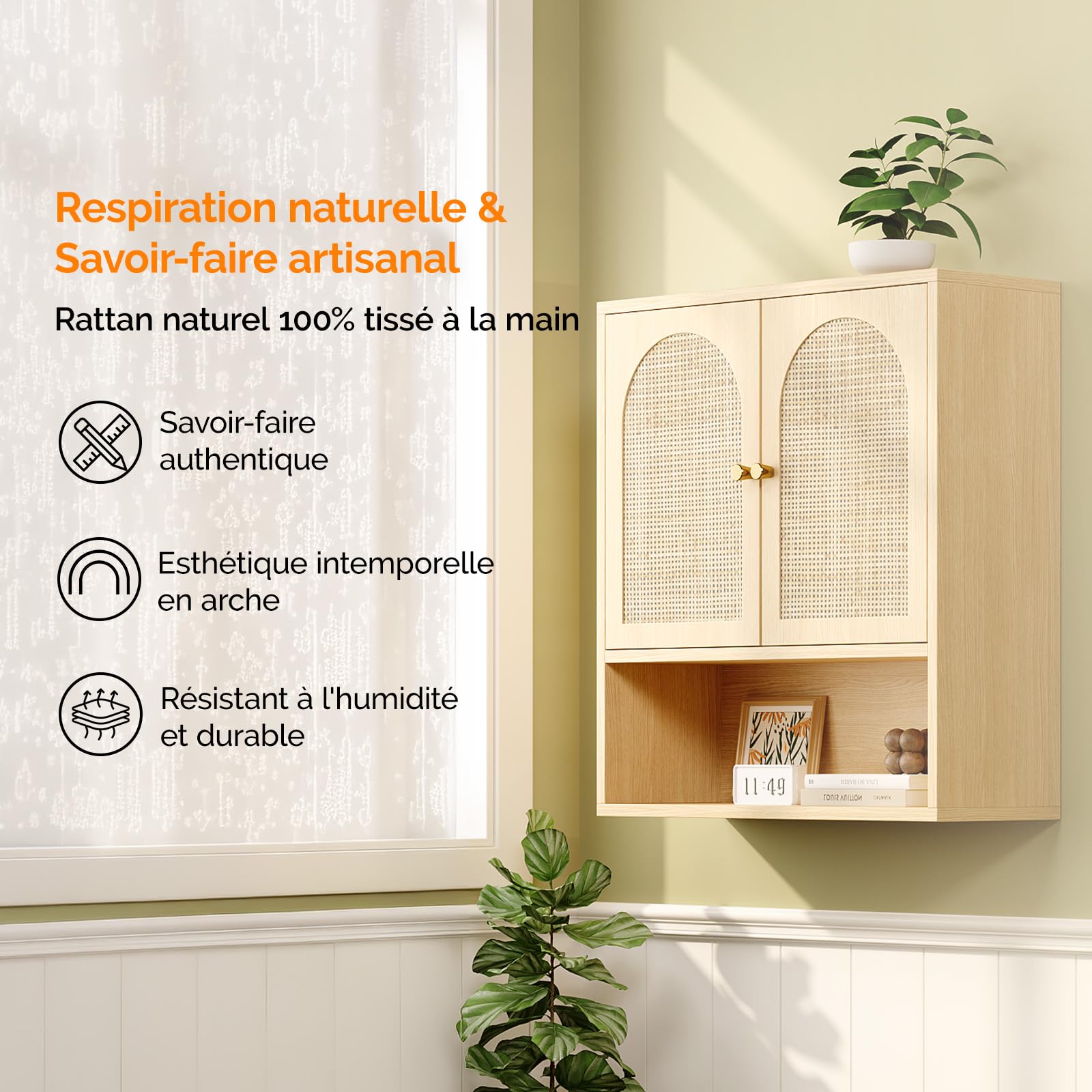 Bonnlo Armoire Murale de Salle de Bain en Rotin, 2 Portes & 1 Étagère, 58×20.4×62cm, Meuble de Rangement Suspendu en Chêne pour Salle de Bain, Cuisine, Salon
