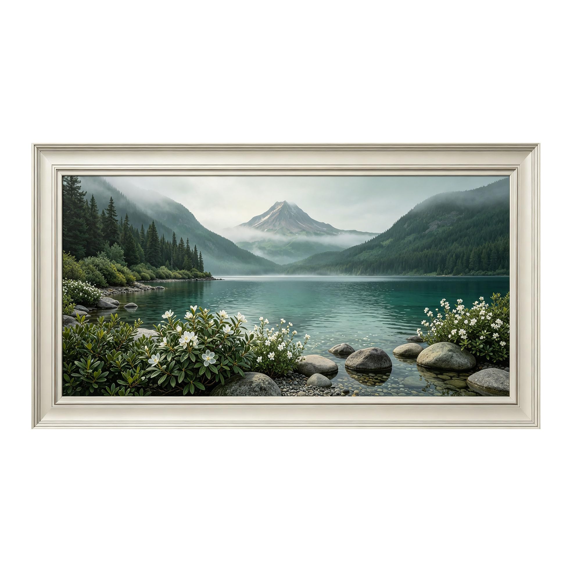 Yzpallescene 3D Framed Wall Art 50cm×100cm Misty Mountain Lake Botanical Landscape Realistic Panoramic View Large Size SelfAdhesive Removable Wall Decor Prints Artwork for Living Room Bedroom Office