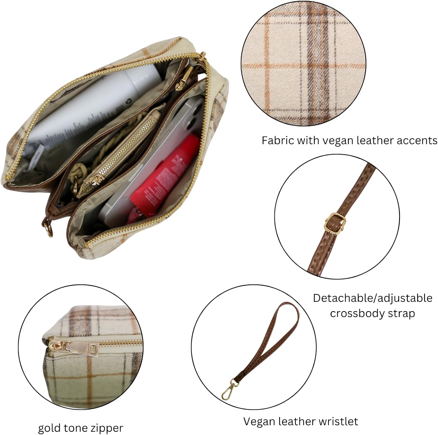 JEN & CO. Riley Plaid Small Crossbody Bags Vegan Leather Wristlet Wallets Clutch Purses Shoulder Handbag for Women - Image 3