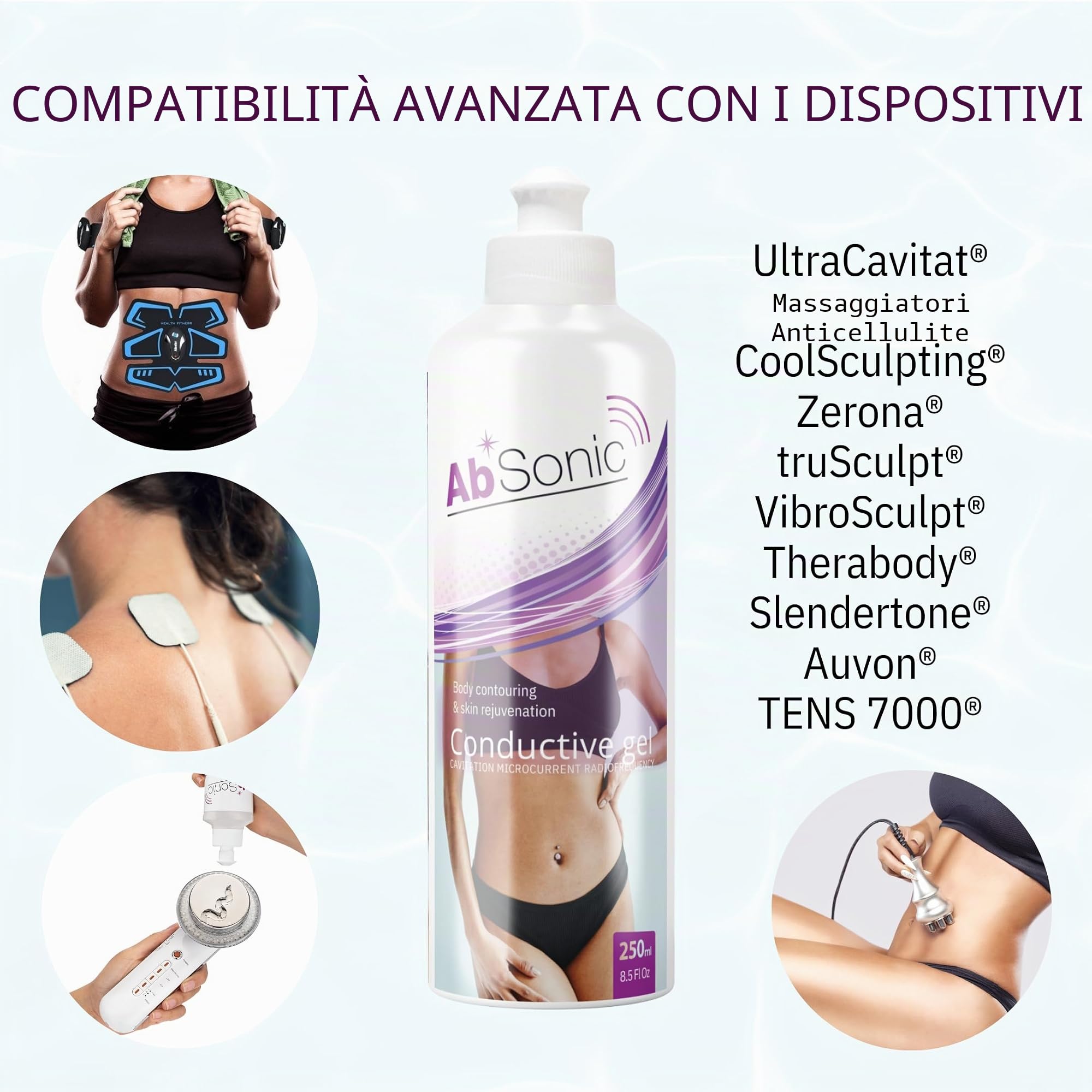AbSonic - Gel Conduttore per elettrostimolazione, elettrodi, cinture addominali elettrostimolatore, TENS, EMS - 2x250ml