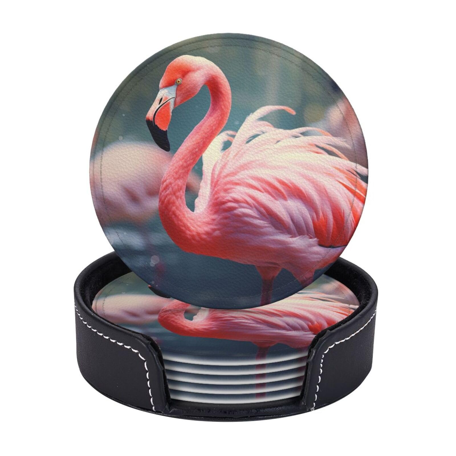 6PCS Drink Coasters with Holder, 4" Leather Coasters for Drinks, Pink Flamingo Cup Coasters for Coffee Table Decor, Non-Slip Drinking Cup Mat for Hot or Cold Drink