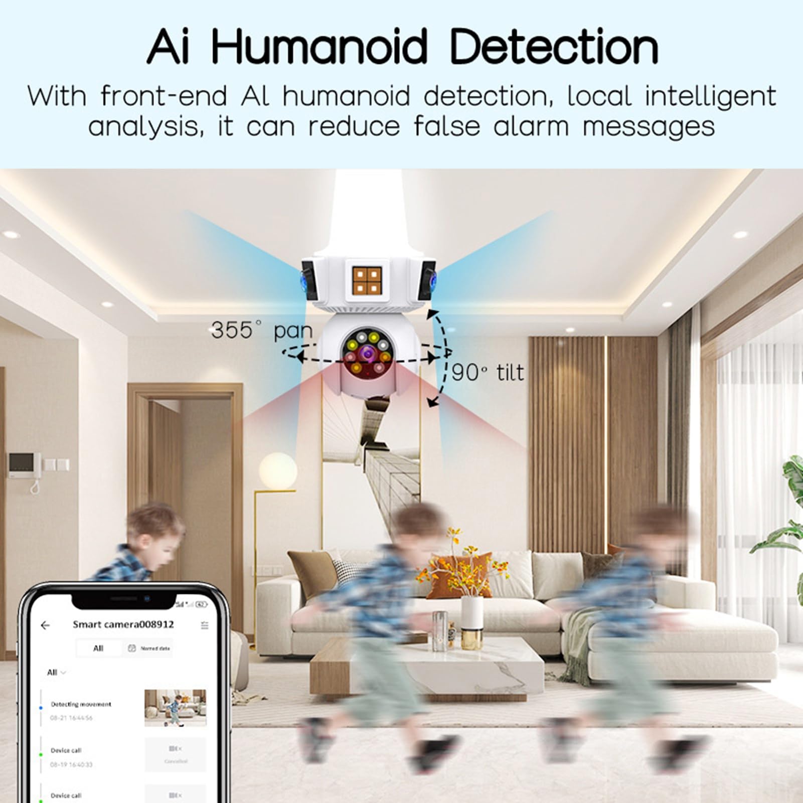 Cryfokt Telecamera di Sicurezza a Lampadina, 2 Obiettivi con Visione Ampia da 110 Gradi, Wireless WiFi da 2,4 GHz, Rilevamento del Movimento, con PTZ a 360 Gradi e Visione Notturna, per