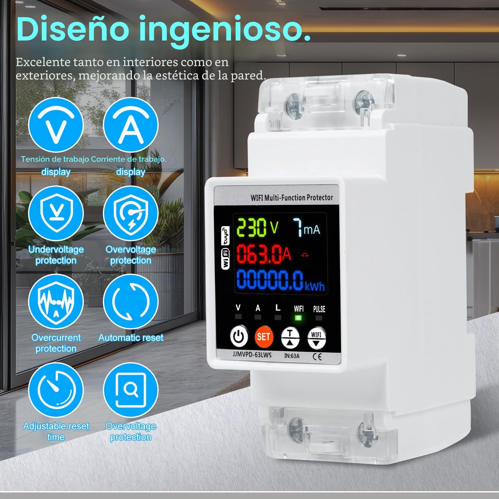 63A Wifi Medidor de Electricidad Protección automática contra sobretensiones Protección contra rayos Medidor de CA Inteligente Fuga Sobre Protección de Baja Tensión (Voltaje Amperaje Ajustable)