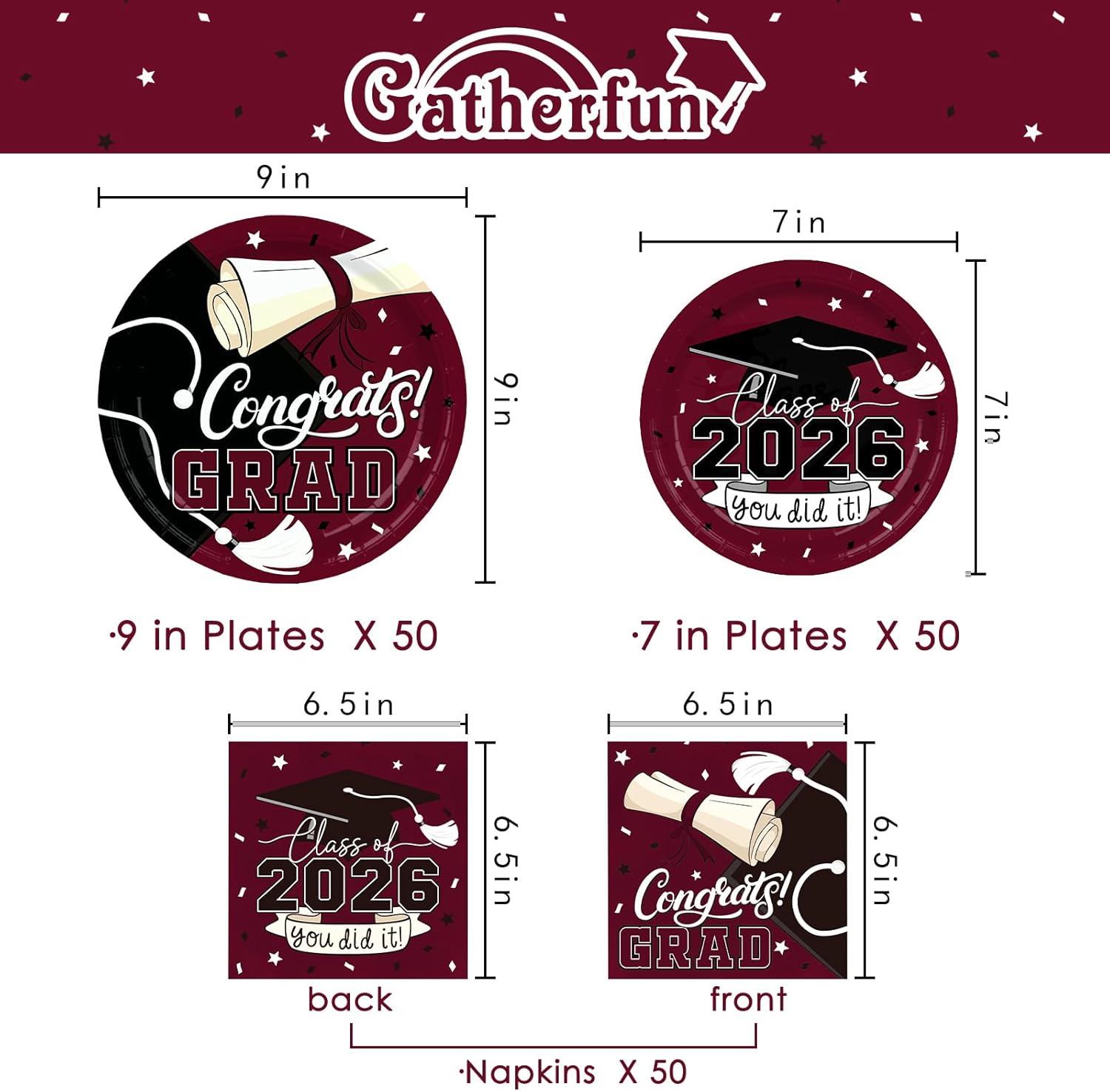 Gatherfun Graduation decorations 2026 Maroon Graduation Party Plates and Napkins Disposable Paper Plates Luncheon Napkins for Congrats Grad Party Decorations, Serve 50