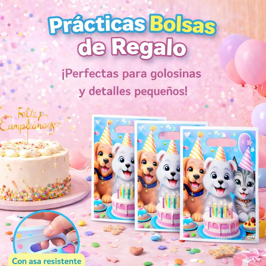 25 Bolsas Cumpleaños Infantil para Chuches – Bolsitas Regalo Fiesta Niños, Bolsas para Cumpleaños, Guardería y Eventos | Diseño Perritos y Gatitos - HAIYMA