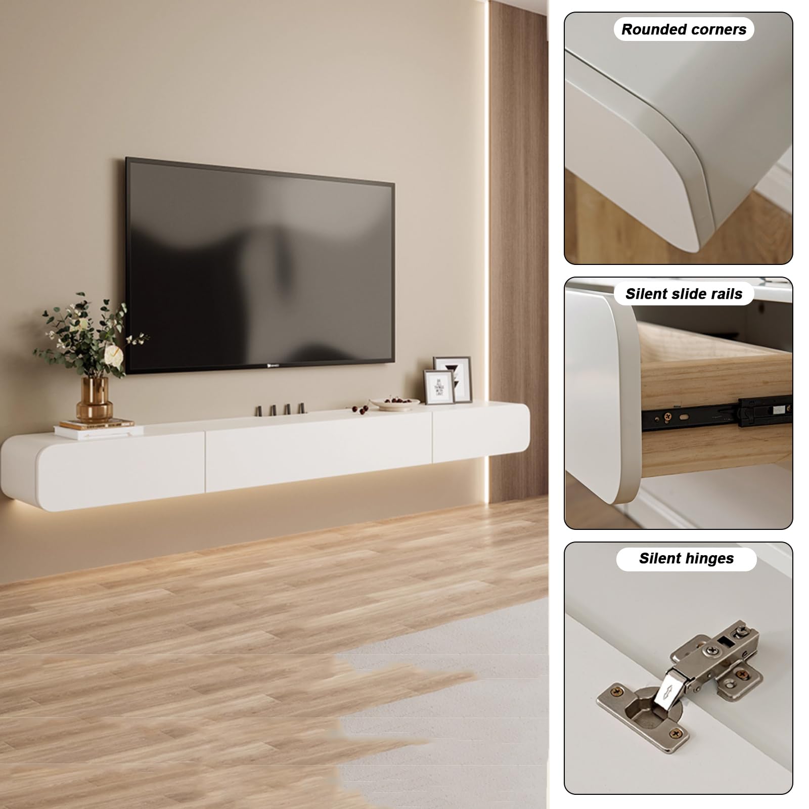Floating Tv Unit Luxury Wall Mounted Floating Wood Tv Stand With Storage Cabinet, Tv Stand For Bedroom Living Room, Modern Television Stand, 47''/55''/63'' Floating Tv St,White-160 * 18 * 24cm