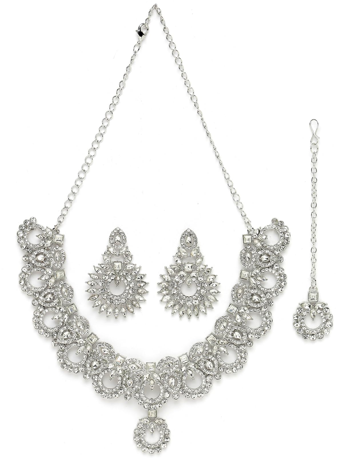 Sukkhi Soothing Rhodium Plated Silver AD White Stone Collar Bone Necklace Set With Earring And Maangtika | Jewellery Set For Women (NS105547) (B0CBBBS56N) Amazon Price History, Amazon Price Tracker