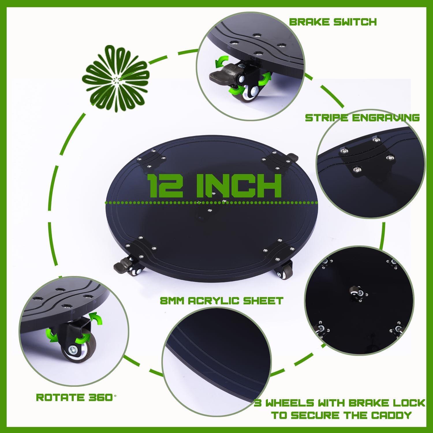 Black Acrylic Heavy Duty Plant Caddy with Wheels,12.5 inch Round Flower Pots Planter Dolly Base Stand Set with Rolling Casters for Home, Garden,Load Capacity 88Lbs