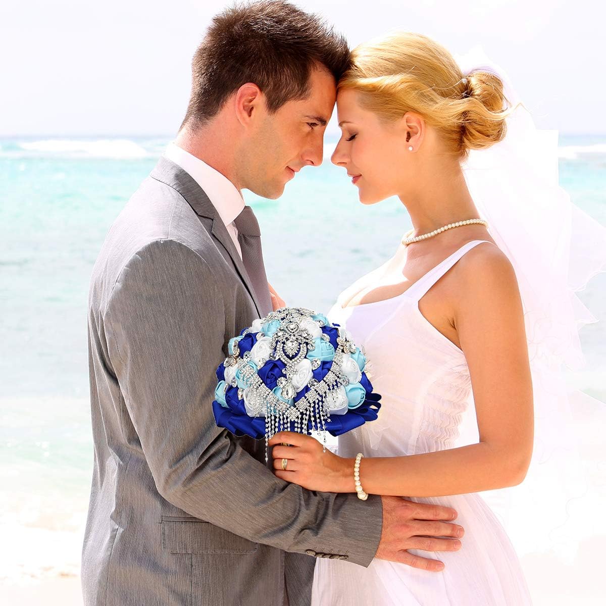 FAYBOX Handmade Rhinestone Brooch Stunning Tassel Wedding Bridal Bouquets Blue