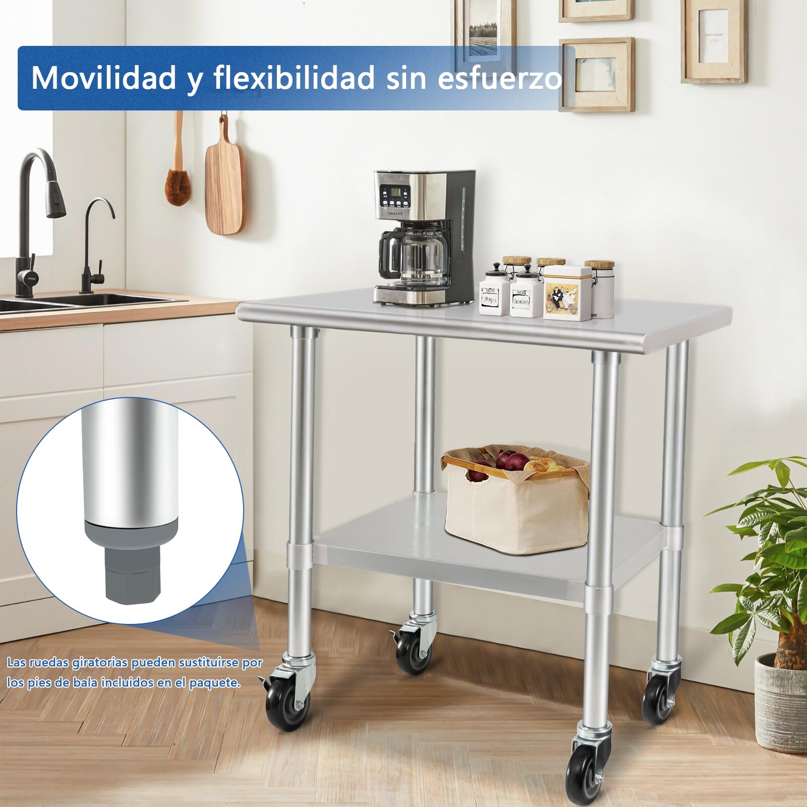 HARDURA Mesa de Acero Inoxidable con Ruedas 61×91cm Mesas de Preparación de Alimentos con Estante Bajo y Patas Galvanizadas para Restaurante, Cocina, Bar, Hotel, Garaje