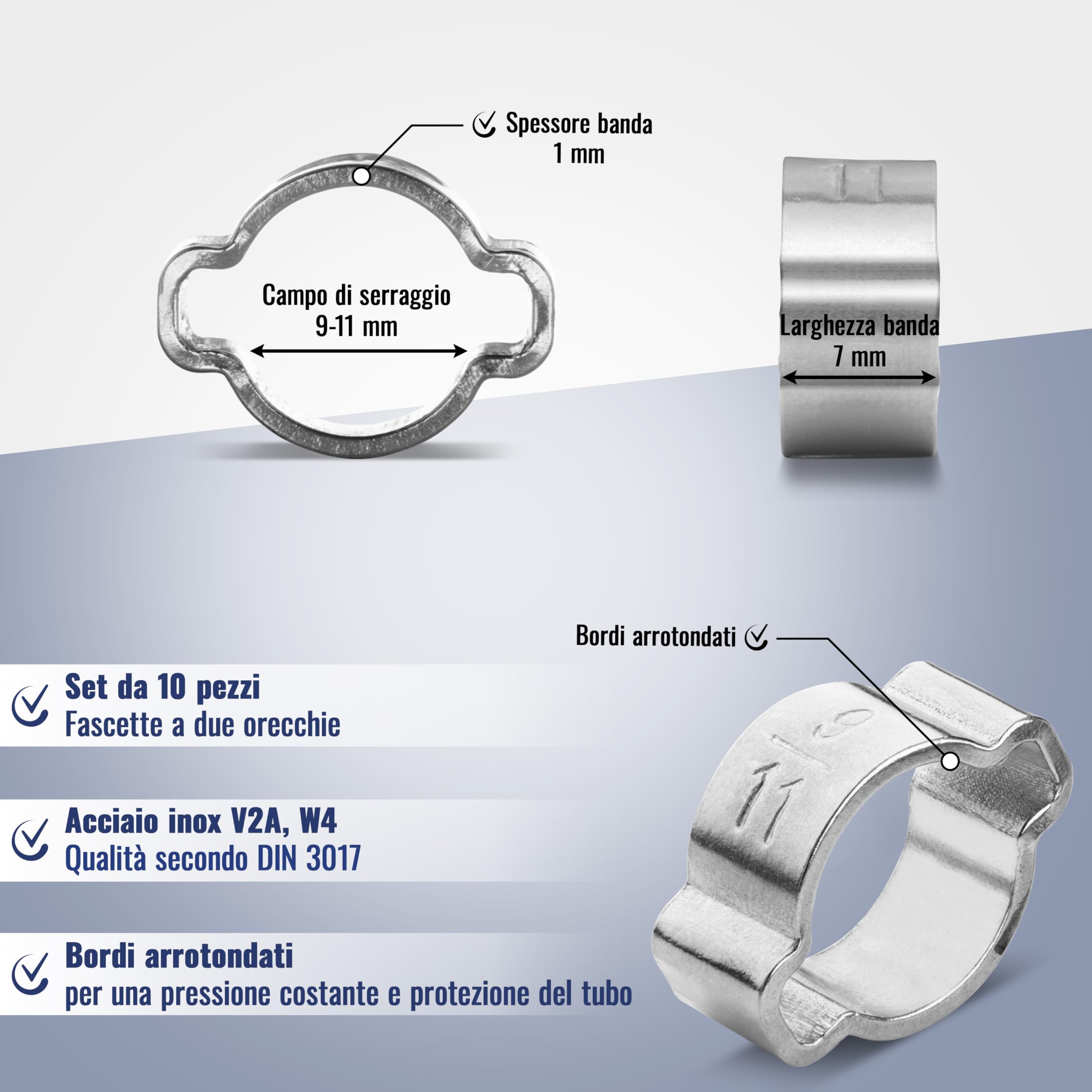 Fascette Stringitubo A Due Orecchie - Acciaio Inox, Serraggio 9-11 Mm, 10 Pezzi - Foto 7