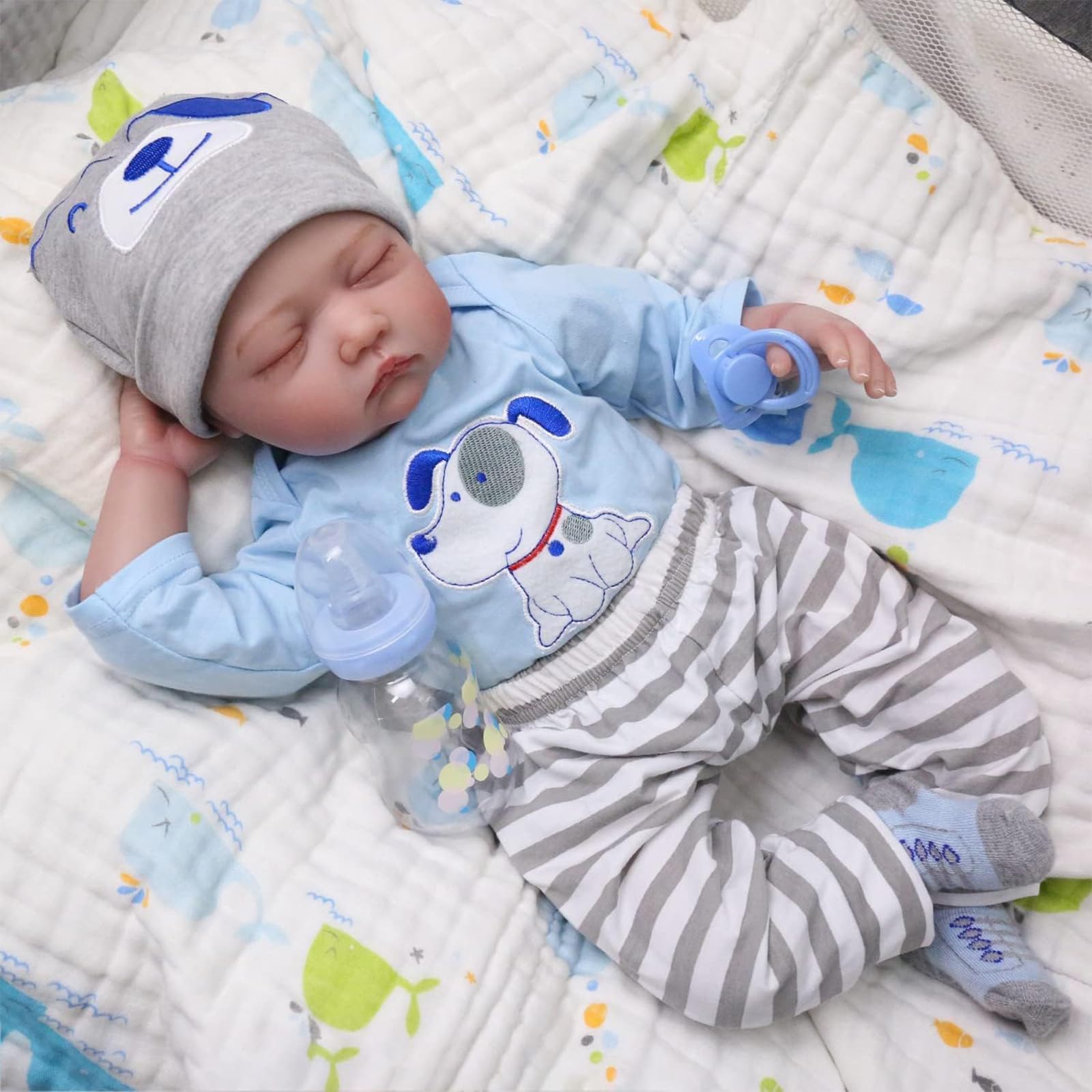 SYP Reborn Baby Dolls Boy - 20-Inch Realistic Reborn Dolls Boy in Blue Puppy Outfit, Grey Striped Trousers, Sleeping Position Real Life Baby with Dolls Accessories for Kids Age 3+