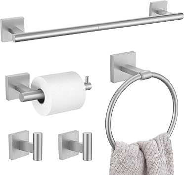 5 Pieces Bathroom Hardware Set, Brushed Nickel Towel Bar Set Includes 23.6 Towel Bar, Towel Ring Holder, Toilet Paper Holder and Two Towel Hooks, Bathroom Accessories Set SUS304 Wall Mounted