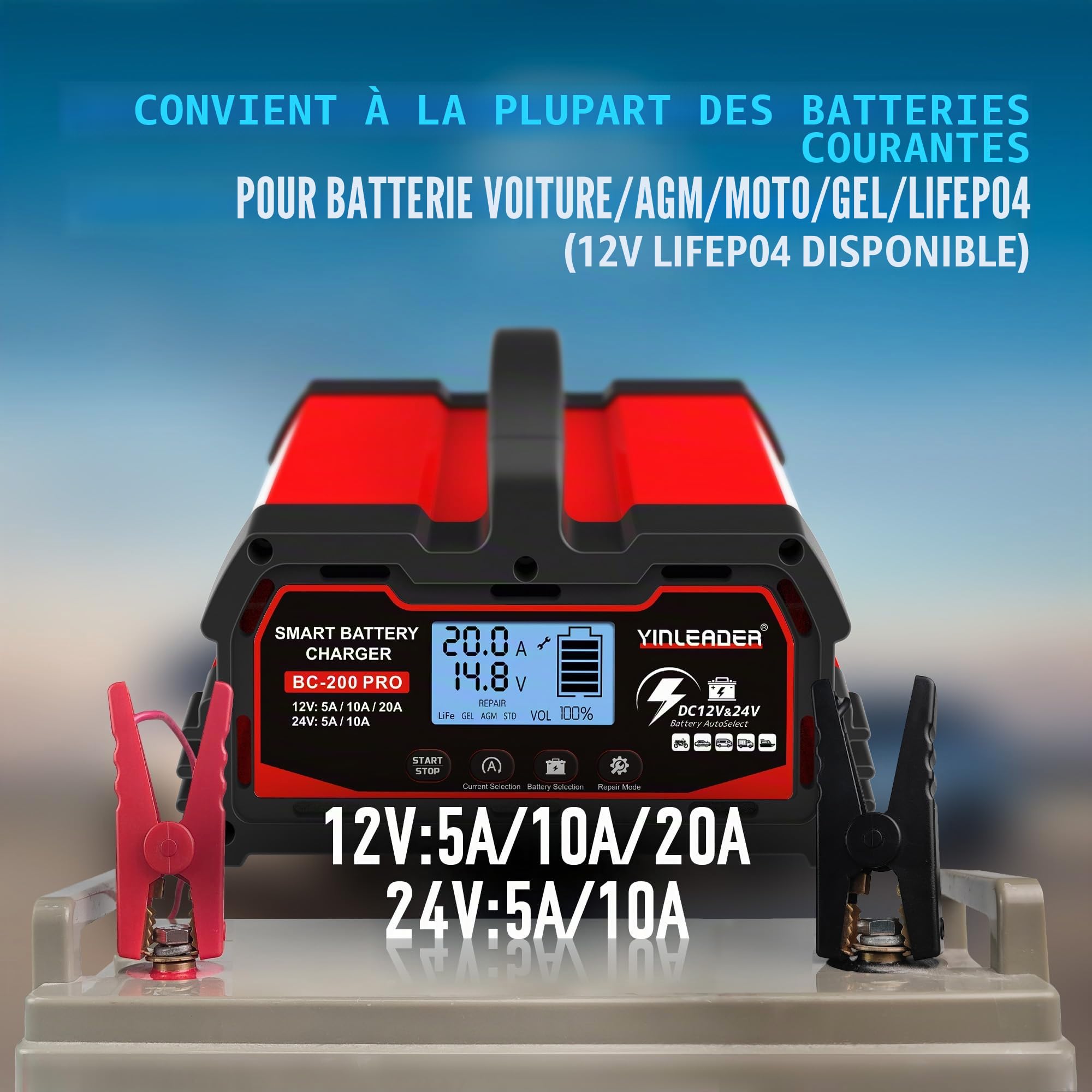 Yinleader Chargeur de Batterie Intelligent 20A 12V/24V 10A/5A, Chargeur de Voiture LCD, mainteneur de Batterie pour AGM, Moto, 12V LiFePO4