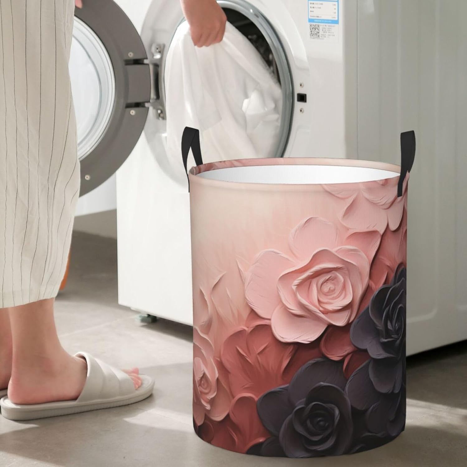 Rose Color Blush and Black Laundry Basket With Handles, Foldable Laundry Hamper Oxford Cloth Dirty Clothes Basket Waterproof Clothes Toys Storage Bin Organizer for Bedroom Bathroom Dorm