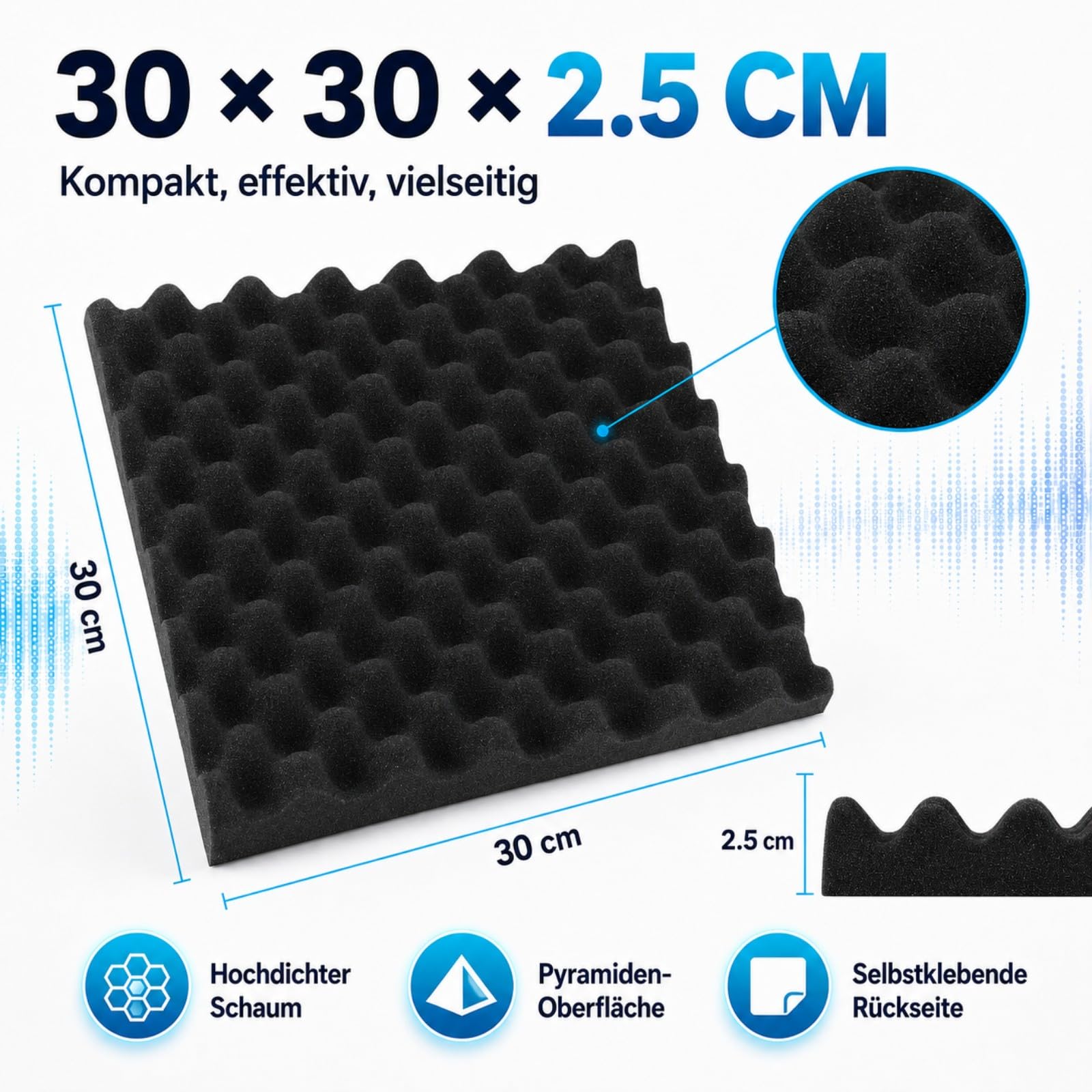 24 pannelli acustici a nido d'ape, 30 x 30 x 2,5 cm | Per circa 2,16 m²: pannelli a nido d'ape autoadesivi per la riduzione dell'eco e del riverbero in studio, gaming e ufficio