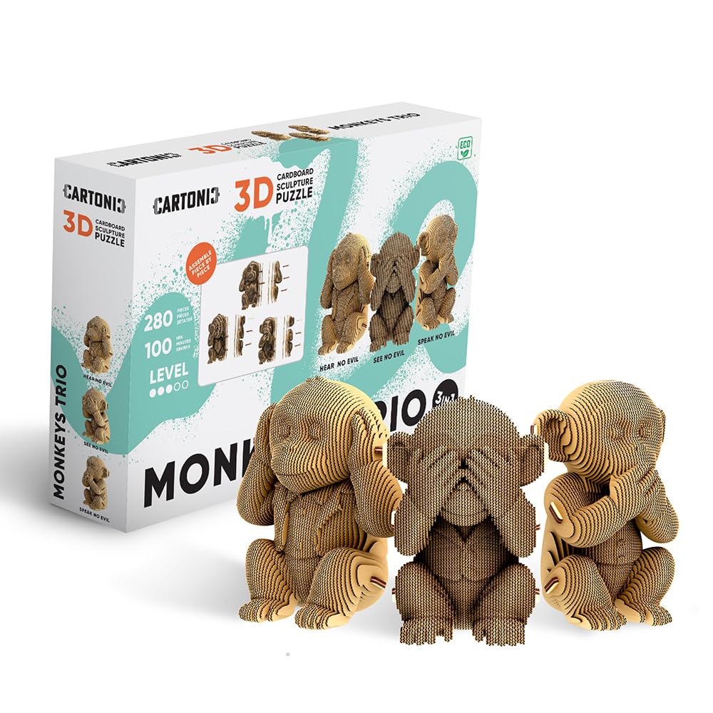 Affen Trio kartonowe puzzle 3D – 3 modele, 280 części, z materiałów pochodzących z recyklingu, rzeźby DIY