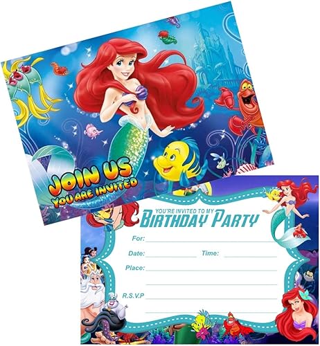 BELLOSY 24 invitaciones de cumpleaños de la Sirenita, invitaciones de fiesta de Sirenita, suministros de decoración para fiestas de cumpleaños (24