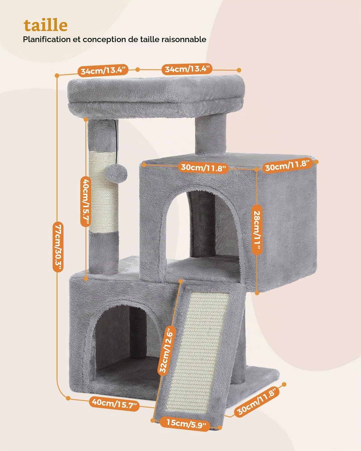 PETEPELA Arbre à Chat, Petit Arbre a Chat avec 2 Condos Douillets, Perchoir Moelleux, Griffoir et Poteaux en sisal & Pompons Suspendus, 77 cm, Gris
