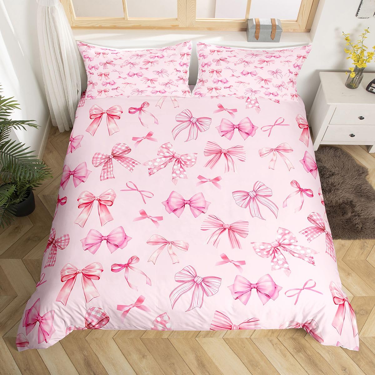 Parure de lit rose avec housse de couette nœud mignon et taie d'oreiller lit simple pour enfants