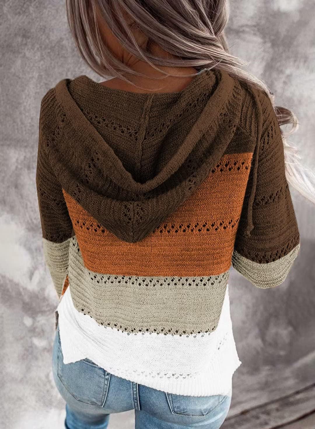 BLENCOT Women Fashion Clothing Striped Crochet Fall Sweater Hoodie Casual image 3