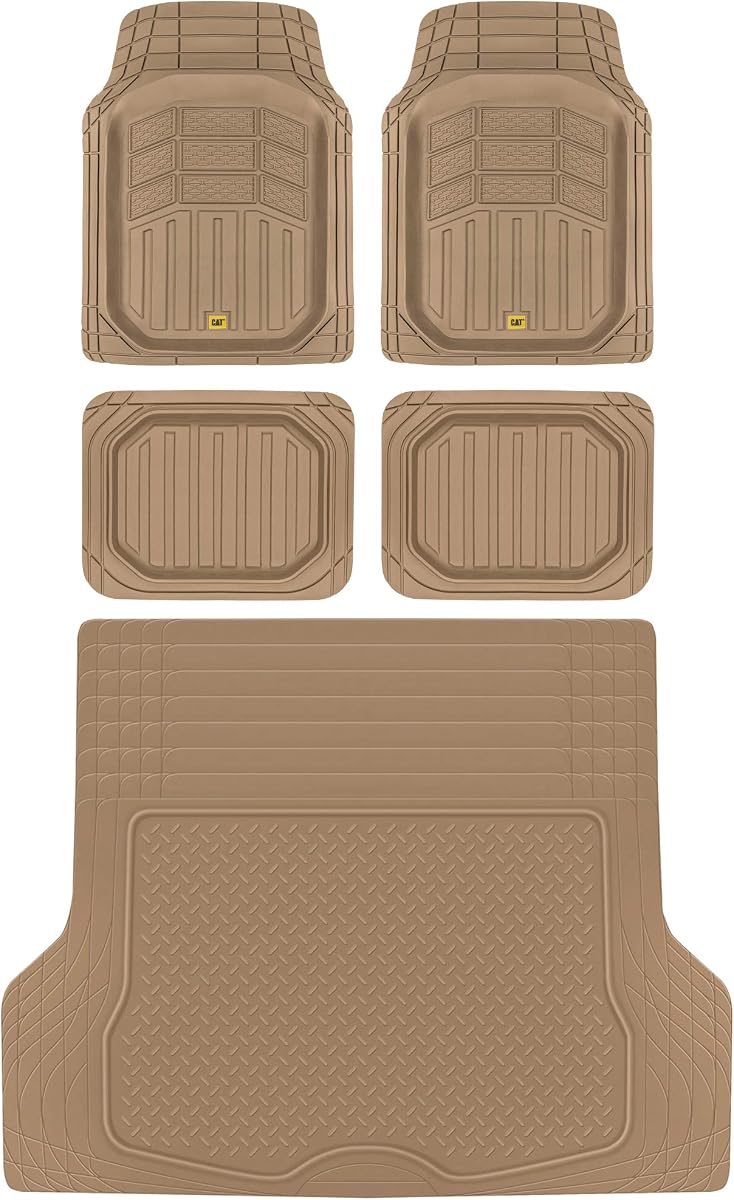 Cat® CAMT-9014 (4-Piece) Large Deep Dish Rubber Car Floor Mats with Trunk Cargo Liner, Universal Trim to Fit Front & Rear Combo Set for Car Sedan SUV Van, Heavy Duty All Weather