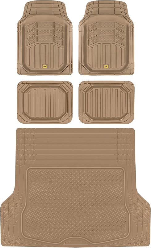 Cat® CAMT-9014 (4-Piece) Large Deep Dish Rubber Car Floor Mats with Trunk Cargo Liner, Universal Trim to Fit Front & Rear Combo Set for Car Sedan SUV Van, Heavy Duty All Weather