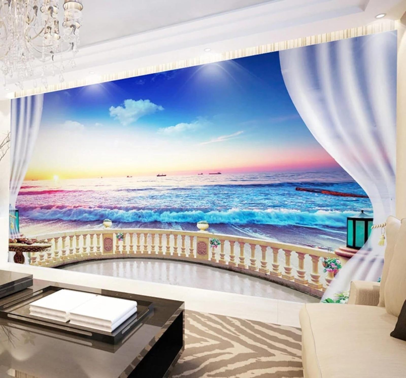 XLMING Beautiful Sunrise Balcony Window Seascape 3D Wallpaper Silky Texture Home Study Office Grey Dining Room Sofa Bedroom Living Room TV Backdrop-250cm×170cm
