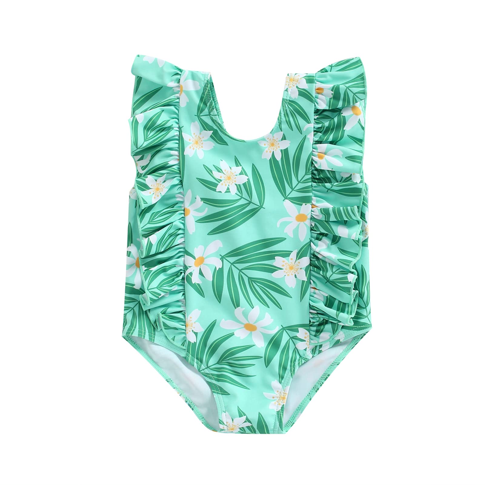 Newborn Baby Girl Floral Swimsuit Ruffles Bathing Suit Bikini Striped Swimwear for Baby Girls Beach Wear (B Green, 4-5 T)