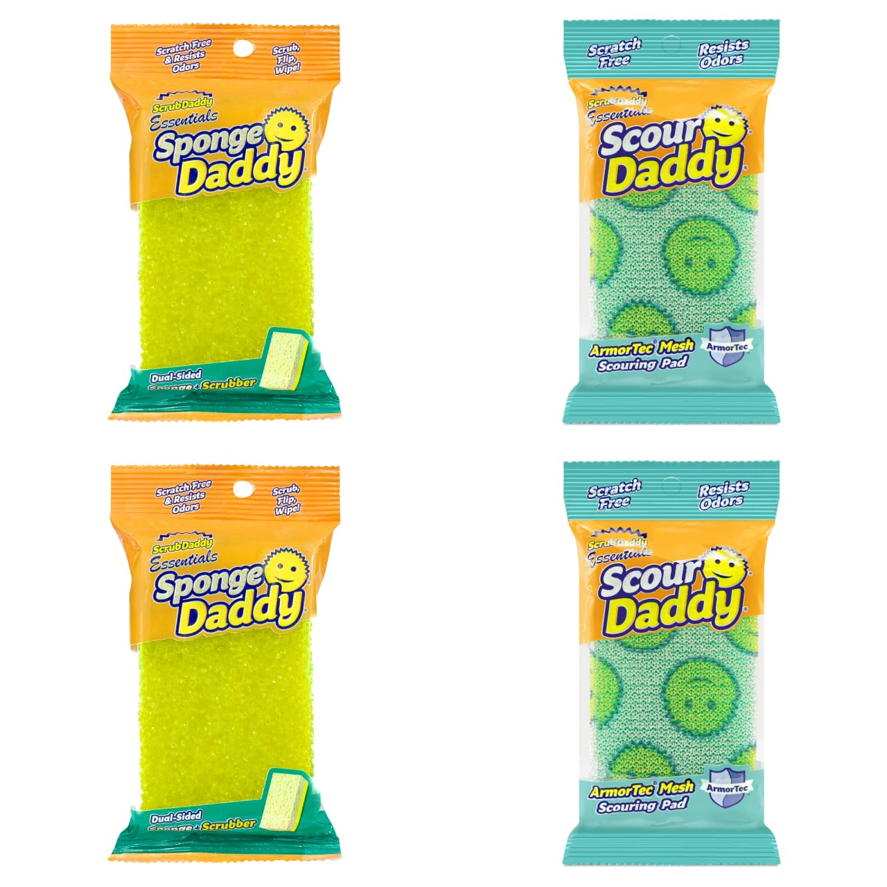 Scrub Daddy Sponge Daddy & Scour Daddy Essentials Multipack, Kitchen Sponges for Cleaning, Non Scratch Scourers Sponge with FlexTexture, Dish Sponges for Washing up, Bathroom & Kitchen Scrubber