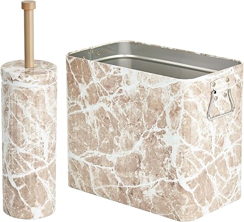 Miniatura 1 de mDesign Cepillo de inodoro compacto de metal, cubo de basura rectangular, cubo de basuracubo de reciclaje combinado para limpieza y almacenamiento