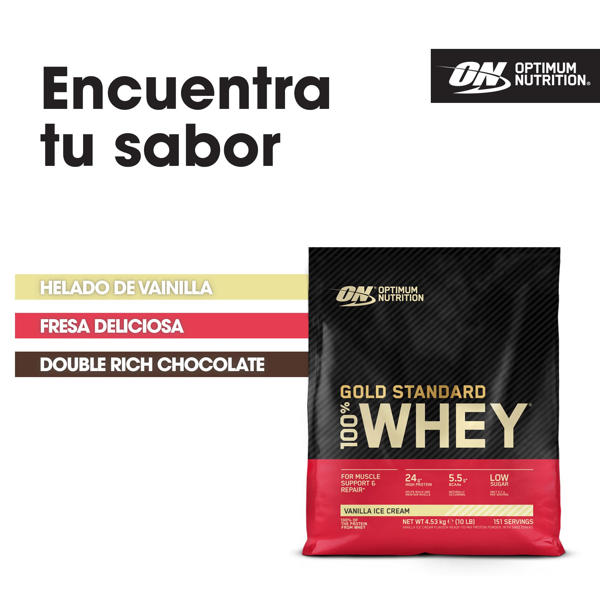 Optimum Nutrition Gold Standard 100% Whey, Proteína en Polvo, Sabor Helado de Vainilla, 4.53kg, 151 Servicios