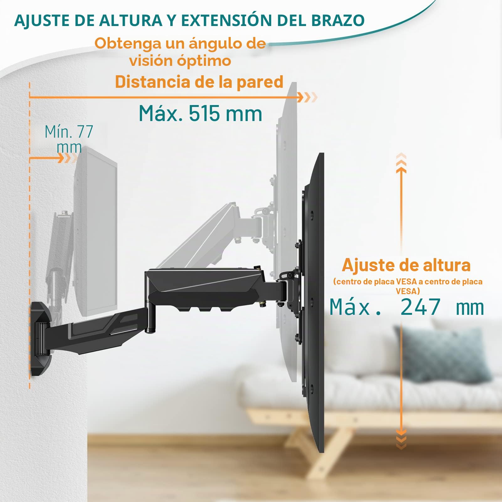ELIVED Soporte de pared regulable en altura para la mayoría de televisores LED, LCD, OLED planos o curvados de 23 a 55" con VESA 100 x 100 mm-400 x 400 mm hasta 25 kg, soporte de ángulo de movimiento
