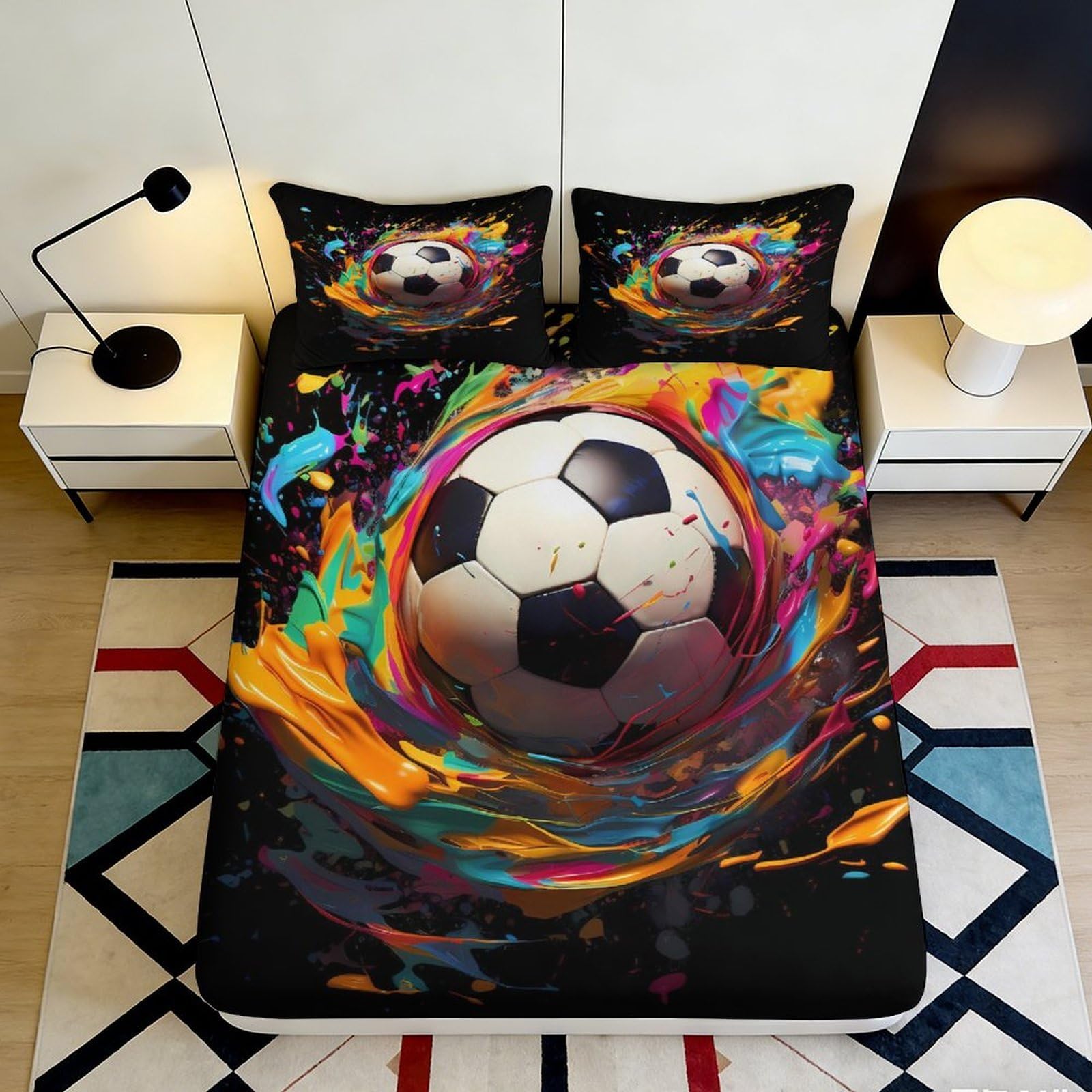 3D Printed Soccer Splash Fitted Sheet Microfiber Soft Breathable Abstract Ball Mattress Cover Bedroom Dorm Decor 120x200x25cm