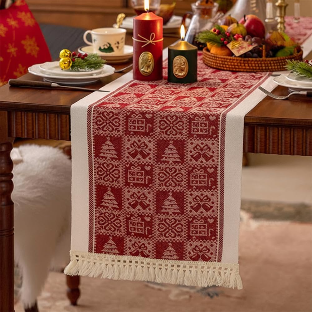 Christmas Table Runner, Waterproof Red Desk Runner Tablecloth with Tassel Fringe for Kitchen Dining Home Party Decor