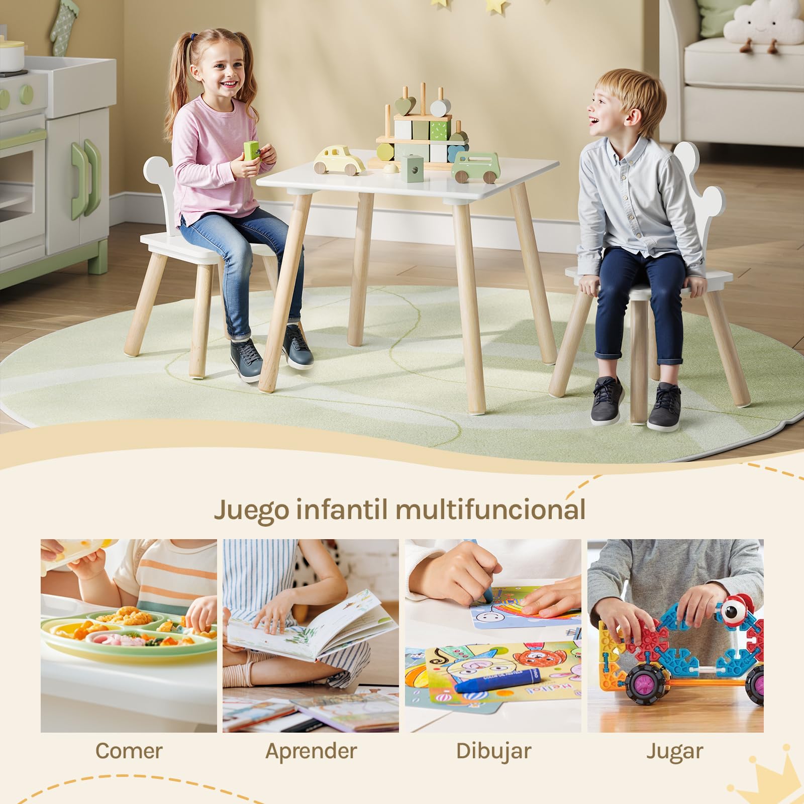 WOLTU WOTU Mesa Infantil con 2 Sillas para Niños, Blanco + Roble Claro
